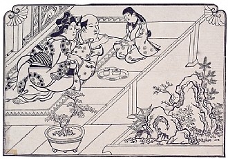 Lovers on a Verandah 

From an album of 12 erotic prints 

Hishikawa Moronobu (1618?-1694) 

Woodblock print 

Ca. 1685 

Bequest of L. B. Gutman, New York 

28 x 35.5 cm