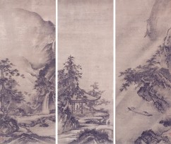 מימין: סירה בנהר בגשם 

במרכז: שני סינים בבקתה 

משמאל: גבר סיני וילד לפני מפל מים 
