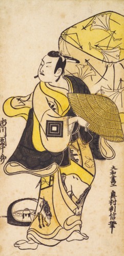 Kabuki Actor Ichikawa Danjuro II in the role of Fujiya Izaemon 

Okumura Toshinobu (ca. 1717-1750) 

Signature: Yamato Gako Okumura Toshinobu hitsu 

Hosoban, urushi-e, hand-coloured woodblock print 

1730s 

31 x 14.9 cm