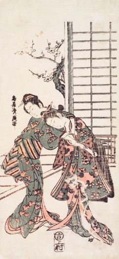שתי נערות ומכתב 

טוריי קיוהירו (פעיל 1776-1737) 

חתימה: טוריי קיוהירו היטסו 

מו"ל: אמיה קיצ'יאמון 

הוסובאן, בניזורי־א, הדפס עץ צבוע ביד 

שנות ה־50 של המאה ה־18 

14.6‏ x‏ 31.8‏ ס"מ 
