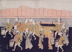 Bridal Procession to the Groom's Home (Koshi-Ire) 

Suzuki Harunobu (1725-1770) 

Signature: Harunobu ga 

Chuban, woodblock colour print 

Ca. 1767 

20.9 x 28.2 cm 

  

 

  

