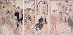 Ushiwaka, at the Gate of Yahagi no Choja Palace Serenades the Princess Joruri on His Flute 

