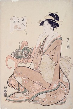 Beauty and treasures (Fukujin takara awase) 

Hosoda Eishi (1756-1829) 

Signature: Eishi zu 

Publisher: Nishimuraya Yohachi, Eijudo 

Censor's seal: kiwame 

Oban, woodblock colour print 

Ca. 1795 

39 x 26.2 cm 

  
