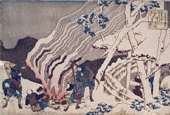 Mountain Village in winter 

From the series "Poems by One Hundred Poets as Explained by a Wet Nurse" (Hyakunin Isshu uba ga etoki) 
