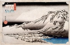 Evening Snow on Mt. Hira (Hira no bosetsu) 

From the series "Eight Views of Omi' (Omi hakkei no uchi) 

Ando Hiroshige (1797-1858) 

Signature: Hiroshige ga 

Publishers: Yamatoya Heisuke, Eikyudo and Takenouchi Magohachi, Hoeido 

Censor seal: kiwame 

Oban, woodblock colour print 

Ca. 1835 

22.9 x 35.4 cm 

  
