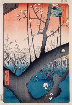 Plum Garden, Kameido 

No. 30 in the series "One Hundred Famous Views in Edo" (Meisho Edo hakkei) 

Ando Hiroshige (1797-1858) 

Signature: Hiroshige ga 

Publisher: Uoya Eikichi 

Censor's seal: aratame 

Oban, woodblock colour print 

1857 

34.1 x 22.6 cm 

  
