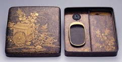 Stationery Box (suzuri-bako) 

Cover: Court Carriage and Chrysanthemums 

Cover interior: Deer and Maple Tree 

Interior: Autumn Flowers 

Anonymous artist 

Lacquered wood, lead rim 

Design in gold takamaki-e on nashiji 

Early 17th c. 

24 x 22.3 x 9 cm