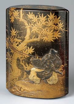 Inro (container for a seal), 5 sections 

Taira no Koremochi Fighting a Demon 

Signature: Made by Kajikawa 

Seal: Sakae 

Lacquered wood 

Gold takamaki-e, shibuichi inlay 

First half of the 19th c. 

8.5 x 5.6 x 3 cm