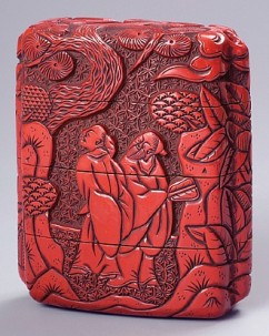 Inro (container for a seal), 4 sections 

Chinese Figures Under Pine-Trees 

Anonymous artist  

Red lacquer, Tsuishu carving 

First half of the 19th c. 

7.1 x 6 x 2.4 cm