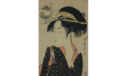 Geisha with Attendant Holding a Lantern, woodblock