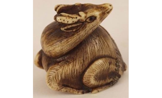 Katabori Netsuke, Seated Deer, horn, eyes inlaid