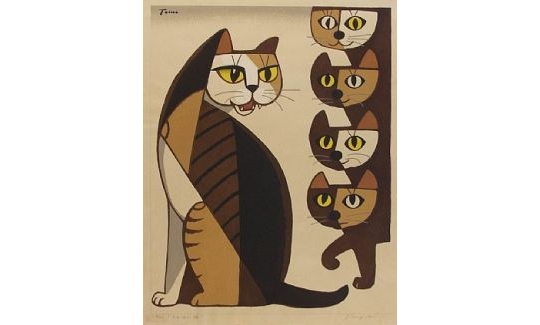nagaki Tomoo, Cat Calling Kittens, 1974, woodblock