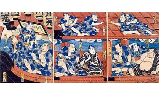 Utagawa Kunisada, Actord and Wrestlers enjoying a