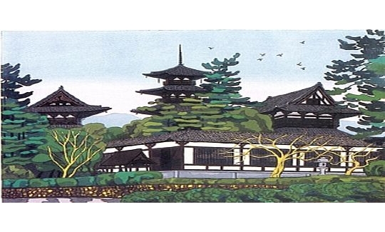 Horyuji Temple, early spring, 1994, woodblock