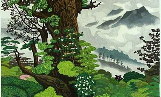 Horyuji Temple, early spring, 1994, woodblock