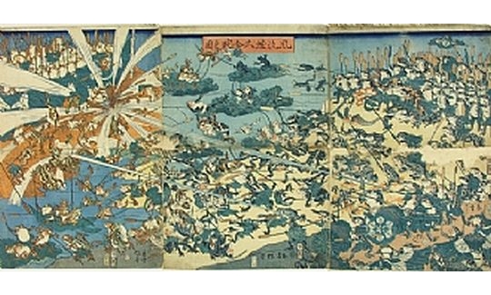 Kawanabe Kyosai, A Frog Battle, woodblock colou