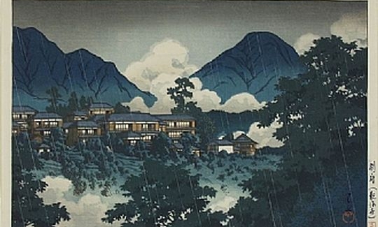 Rain at the Hot-Springs of Beppu, woodblock colou
